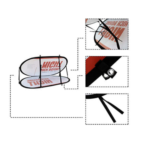 Oval-shaped pop-up banner in black with red and white graphics, featuring a supporting frame and attachment ties.