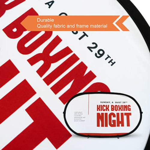 An oval-shaped pop-up banner featuring a red and white design with a branding logo.