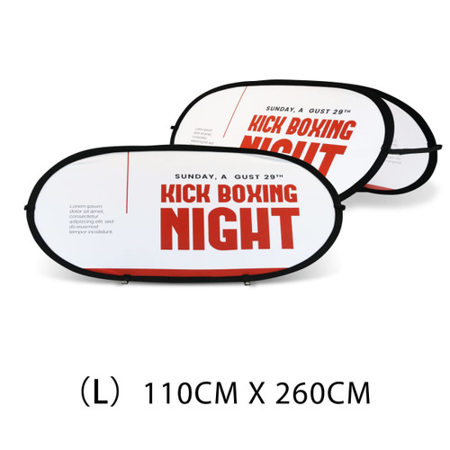 Oval-shaped pop-up banners in white and black, featuring red text and a logo, sized 110cm x 260cm.
