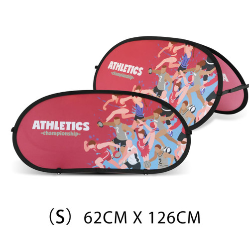 Oval-shaped pop-up banners in red, featuring colourful athletic illustrations, with a prominent logo and dimensions of 62cm x 126cm.
