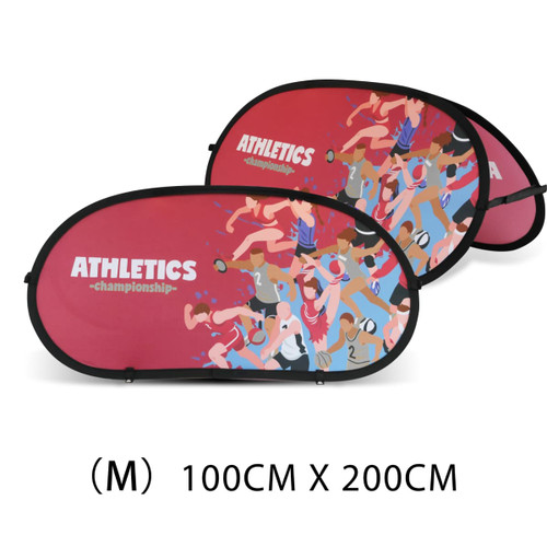 Bean-shaped pop-up banners in red with a dynamic illustration, measuring 100cm x 200cm. Features a logo.