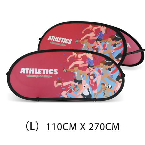 Large bean-shaped pop-up banners in red, featuring colourful illustrations of athletes and a logo. Dimensions are 110cm x 270cm.