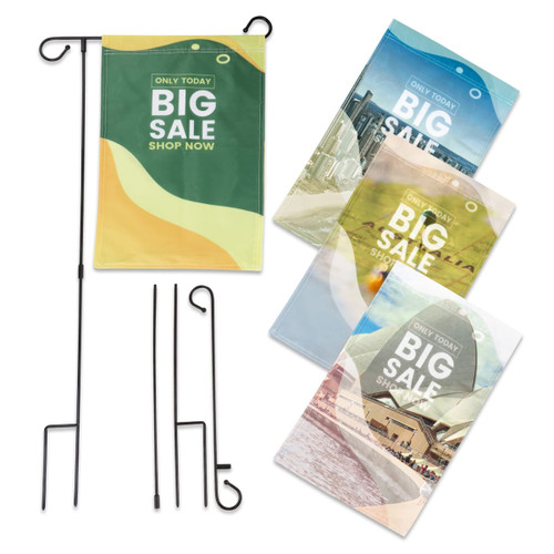 A garden flag set featuring four colourful flags and a black metal stand for display.