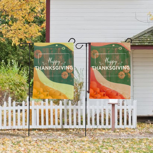 Two garden flags featuring a Thanksgiving theme, with pumpkin illustrations and a warm colour palette of green, orange, and white.