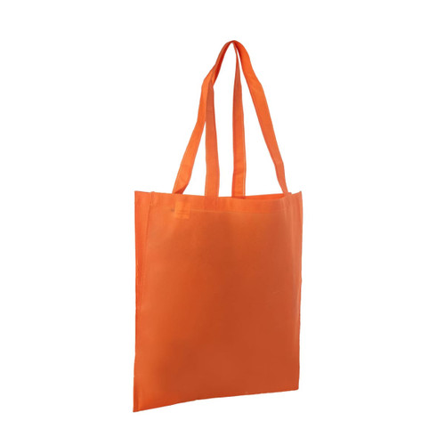 An orange non-woven tote bag with long handles and a V gusset, featuring a logo.