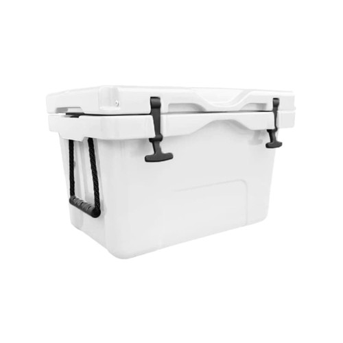 A white 35L cooler box with black handles and clasps, featuring a sturdy design and branding logo.