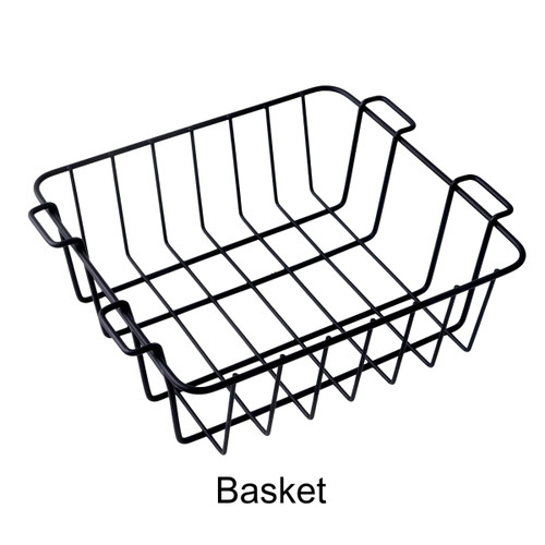 A black wire basket with a rectangular shape and two handles on the sides.