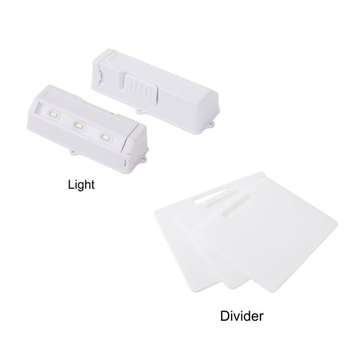 A light unit and three white dividers are displayed, showcasing a compact design and versatile functionality.
