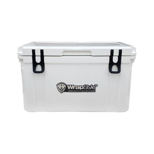 A white 45L cooler box with black clips and a logo on the front.