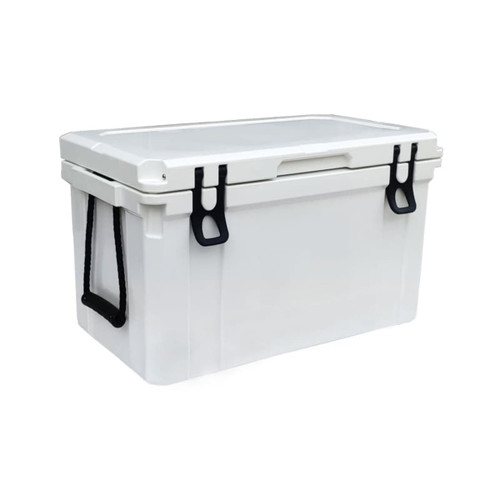 A white 45L cooler box with black clips and a handle. It features a durable design and a lid for easy access.