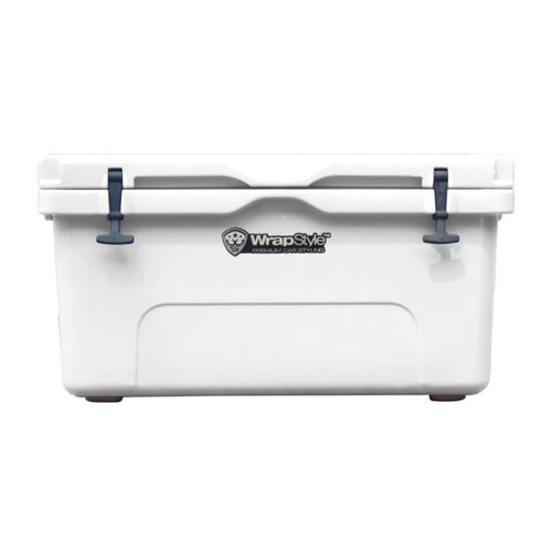 A white 65L cooler box with blue latches and a logo on the front.