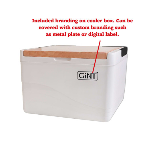 A white cooler box with a wooden lid and a visible logo. The design features a square shape and smooth edges.