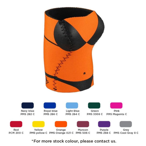 A drink bottle holder in orange with black accents, featuring a bikini design and stitching. Includes a logo.