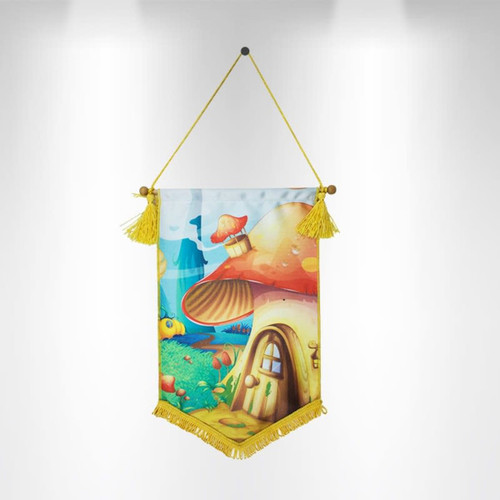 A flag featuring a vibrant, illustrated scene with a whimsical mushroom house and colourful landscape, adorned with yellow tassels.