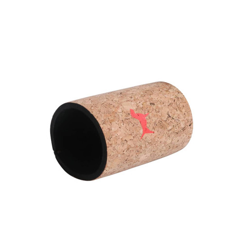 A cork stubby holder with a black base, featuring a small logo in red. The holder has a textured cork exterior.