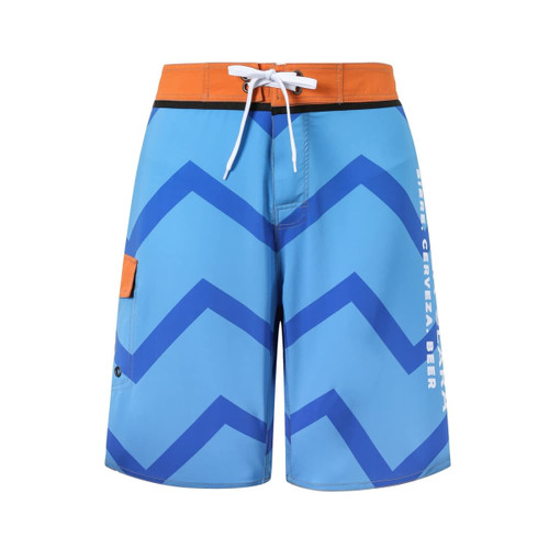 Knee-length swim shorts in blue with a zigzag pattern, featuring an orange waistband and side pocket. Includes a logo.