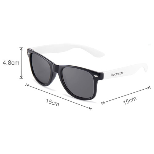Stylish sunglasses with black frames and white arms, featuring a logo on the side, measuring 15cm wide and 4.8cm high.