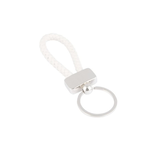 A silver metal keyring tag with a braided white loop. It includes a circular keyring attachment.