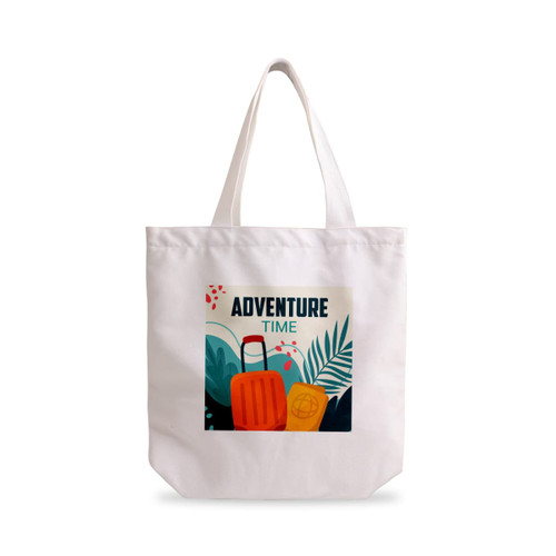 A white tote bag with a full-colour design featuring travel-themed illustrations and a logo.