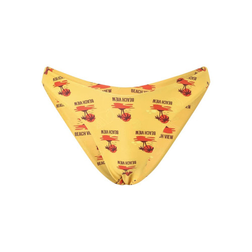 A yellow bikini bottom featuring a palm tree and sunset print with a logo. Designed for comfort, made from polyester and spandex.