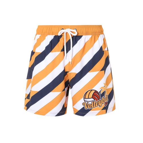 Women's board shorts in orange, navy, and white stripes, featuring a graphic and drawstring waistband. Includes a logo.
