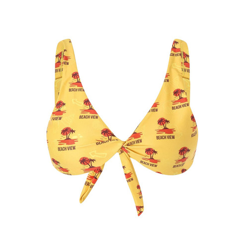 A women's bikini top in yellow with a palm tree pattern and a tie front detail. It features a logo design.