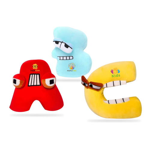 Three plush toys shaped like letters: a red 'A', a blue 'B', and a yellow 'C', each with fun facial expressions and logos.