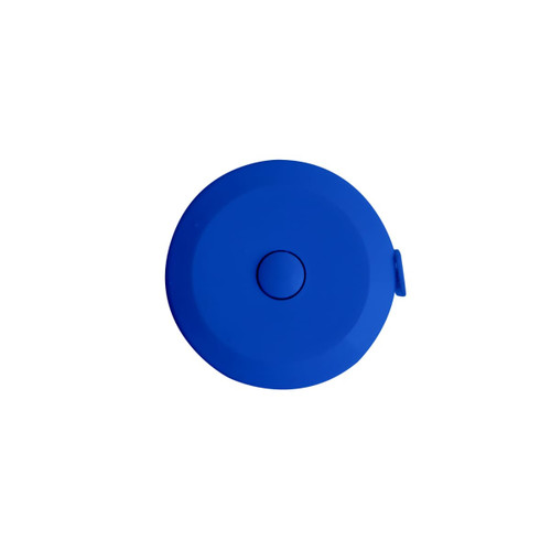 A blue, round tape measure with a button and a loop for attachment. It features a logo on the surface.