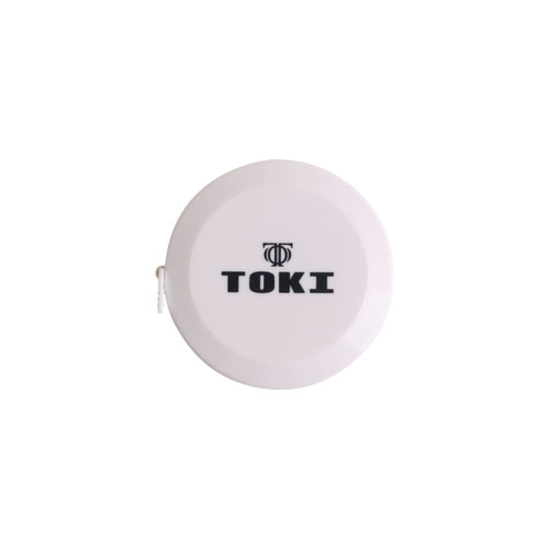 A round white tape measure with a black logo and a measuring length of 1.5 metres.