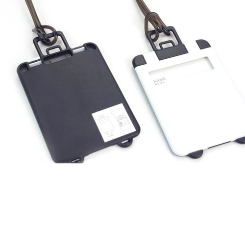 A pair of ABS luggage tags in black and white, featuring a clear window for personal information and a logo.