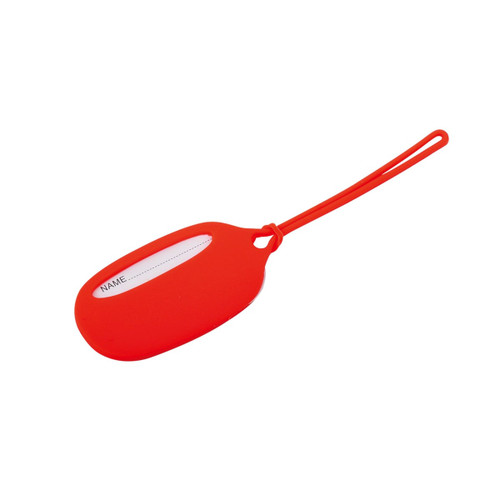 A red silicone luggage tag with a loop attachment and a clear section for personal details.