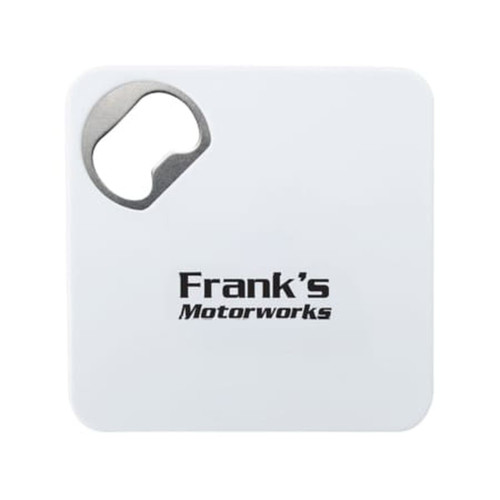A drink bottle opener in a square white design featuring a metal opening tool and a logo.