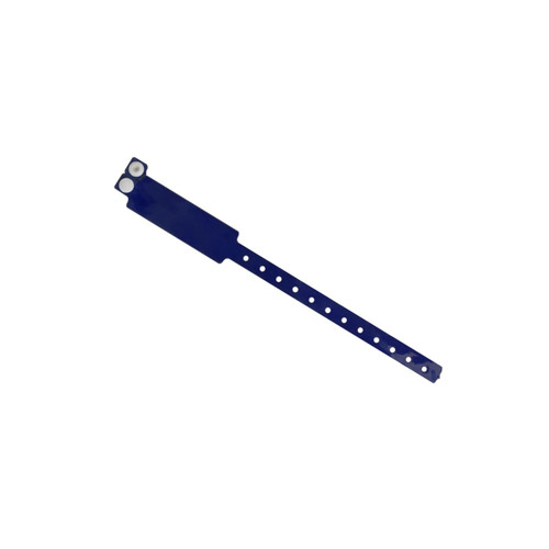 A blue disposable reflective PVC wristband featuring holes for adjustment and a logo on one end.
