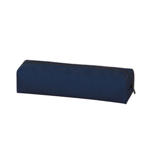 A coloured pencil case in navy blue with a zipper closure. Features a rectangular shape and a branding logo.