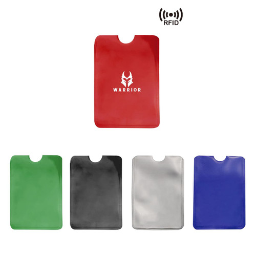 A set of RFID card protector sleeves in red, green, black, silver, and blue, featuring a logo on the red sleeve.