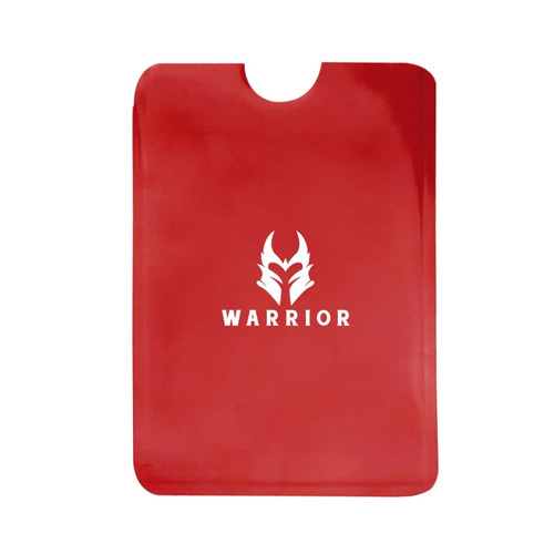 A red RFID card protector sleeve with a logo on the front. The sleeve has a top cut-out for easy access.