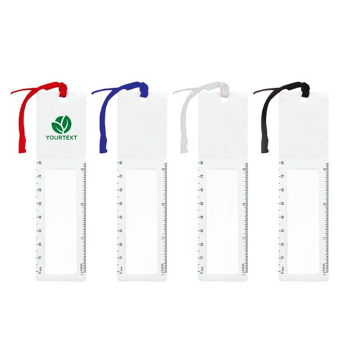 A set of four magnifying bookmark rulers in red, blue, white, and black, each featuring a logo and a measurement scale.