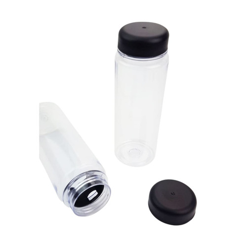 A drink bottle with a clear body and a black lid, featuring a logo on the side.