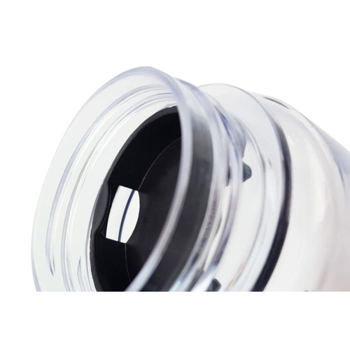 A drink bottle with a clear body and black lid, featuring an infusion chamber. It has a modern design and a logo.