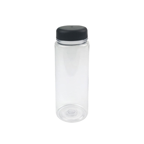 A drink bottle with a clear body and a black lid, designed for infusing beverages. It features a branding logo.