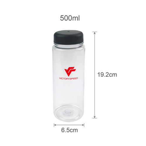A drink bottle with a clear body, black lid, and branding, featuring a 500ml capacity and a height of 19.2cm.