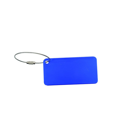 A blue square aluminium luggage tag with a metal attachment loop. It features a branding logo.