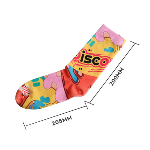 Brightly coloured sock featuring a playful design with pink, yellow, and blue elements. Includes a logo. Dimensions noted.