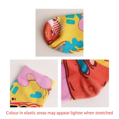 Colourful crew socks featuring a playful design with bright yellow and pink accents. Includes a logo.