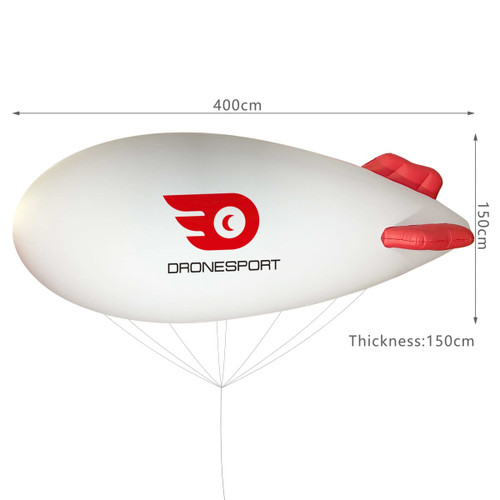An inflatable blimp in white and red, featuring a logo, measuring 400cm long and 150cm wide.