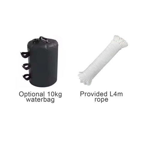 A black optional 10kg waterbag with three attachment points next to a provided 4m white rope.