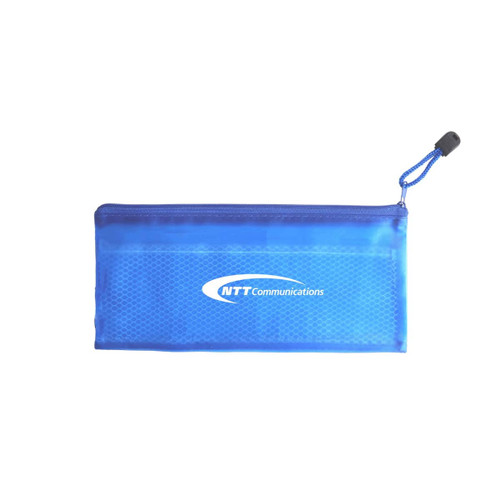 A blue zippered pouch featuring a logo, designed for storing toiletries and accessories.