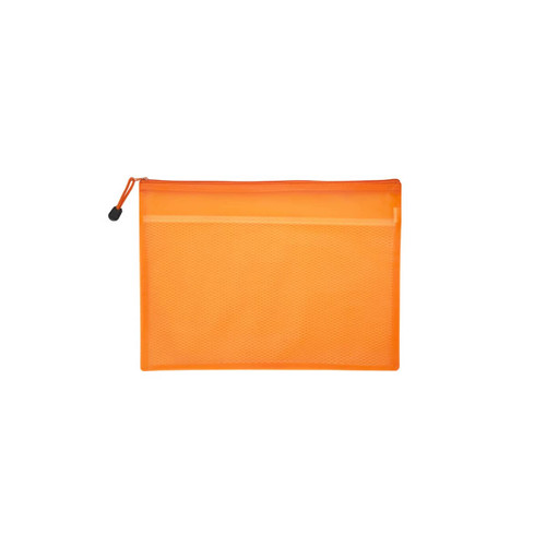 An orange A5 zippered pouch bag with a mesh texture and a smooth zipper closure, featuring a logo.