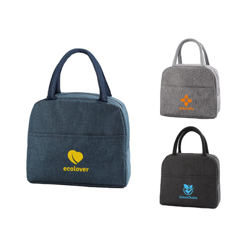 Three cooler lunch bags in grey, blue, and dark blue, each featuring different logos on the front.