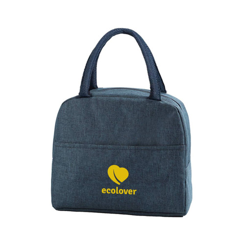A dark blue cooler lunch bag with a logo featuring a heart and text. It has two handles for easy carrying.